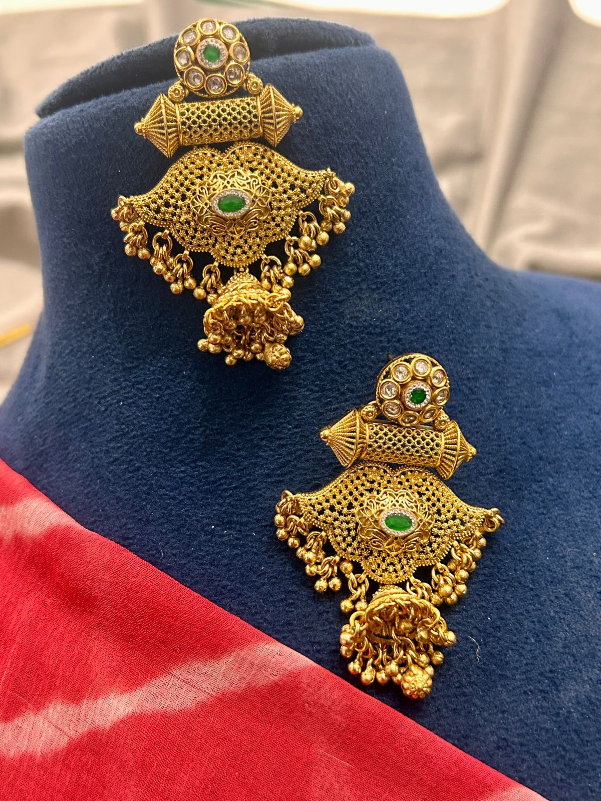 Antique Temple Jewellery Long Haram with Green Stone and Earrings